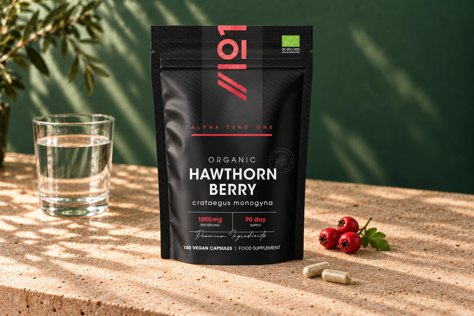 Alpha01 Organic Hawthorn Berry 1000mg 180 vegan capsules pouch with two tan-filled hard capsules, red berries and water on stone
