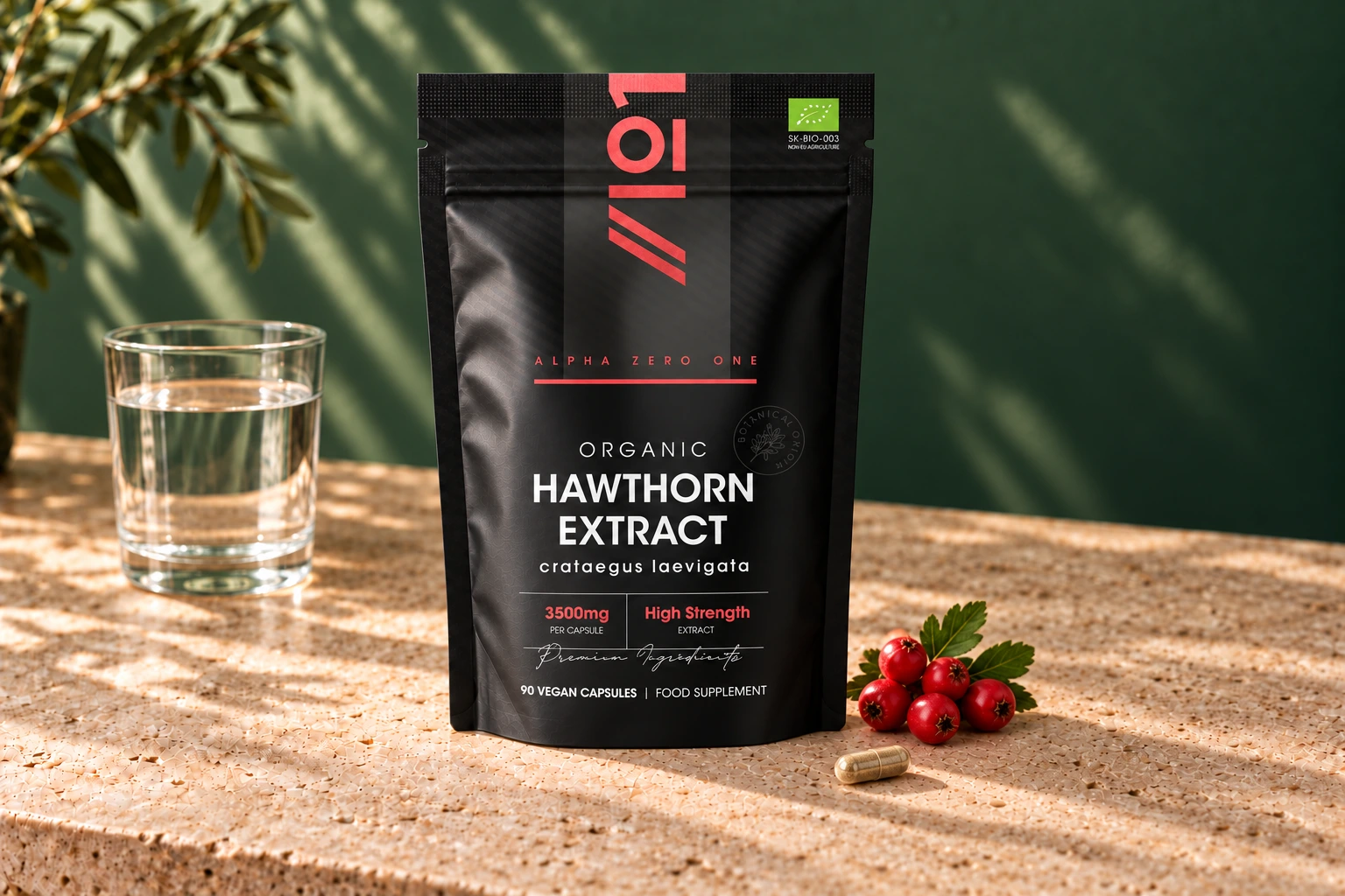 Alpha01 Organic Hawthorn Extract 3500mg 90 vegan capsules pouch with one tan-filled hard capsule, red berries and water on stone