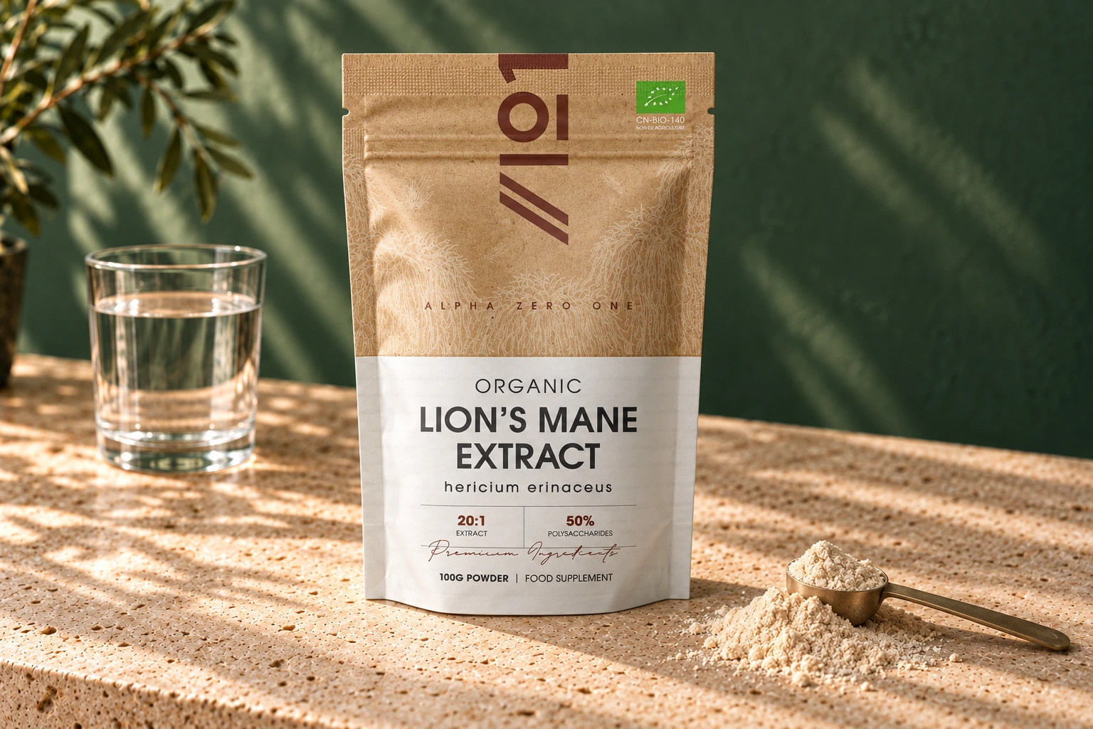 Alpha01 Organic Lion’s Mane Extract 100g powder tan and white pouch with beige powder, a resting scoop and water on stone