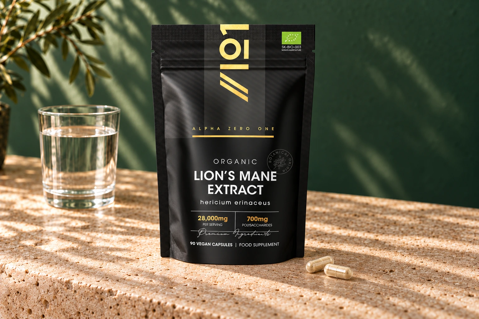 Alpha01 Organic Lion’s Mane Extract 28,000mg 90 vegan capsules black and gold pouch with two beige-filled hard capsules and a glass of water on stone