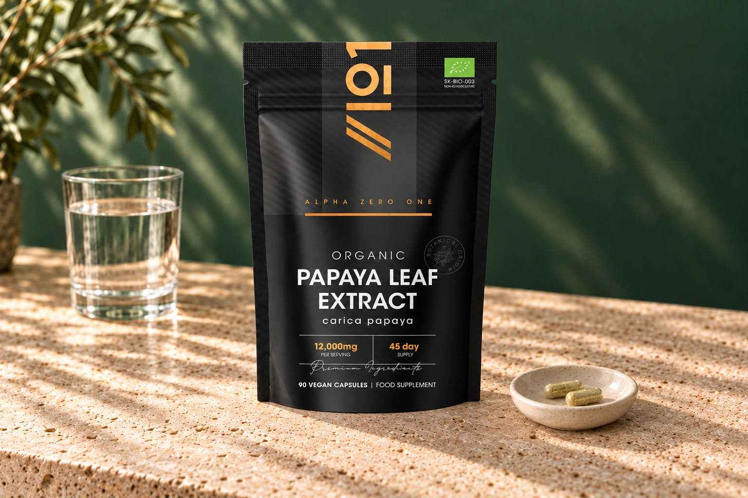 Upright Alpha01 Organic Papaya Leaf Extract 12,000mg 90 vegan capsules pouch beside water and two green-filled hard capsules on stone