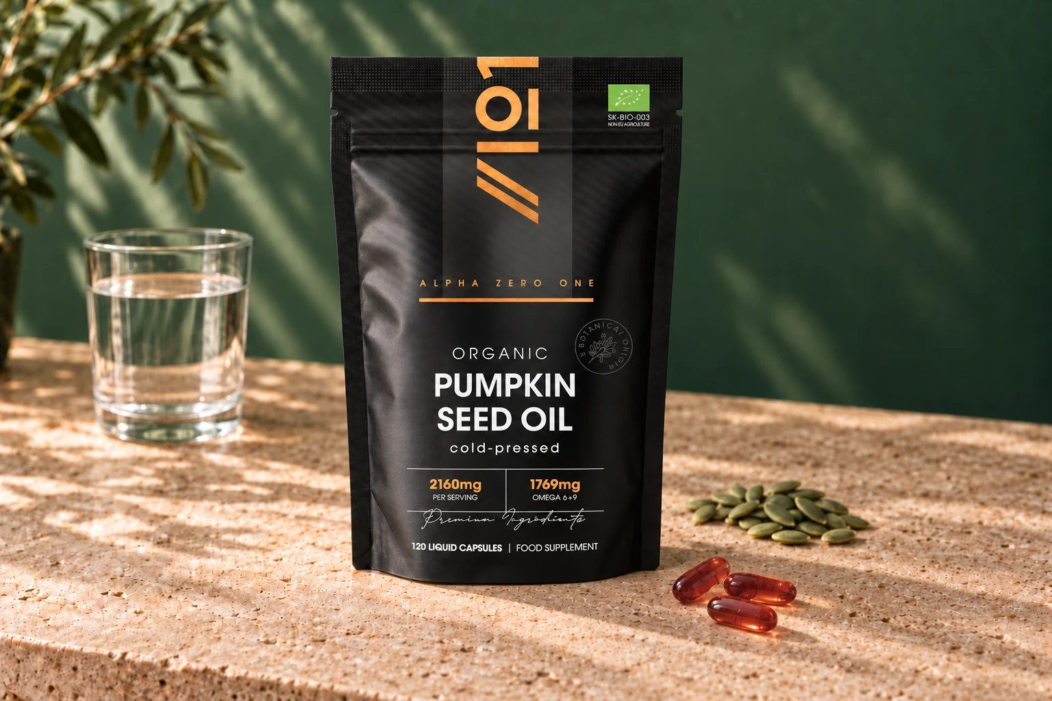 Alpha01 Organic Pumpkin Seed Oil 120 vegan LiCaps pouch with capsules and a glass of water on sunlit stone