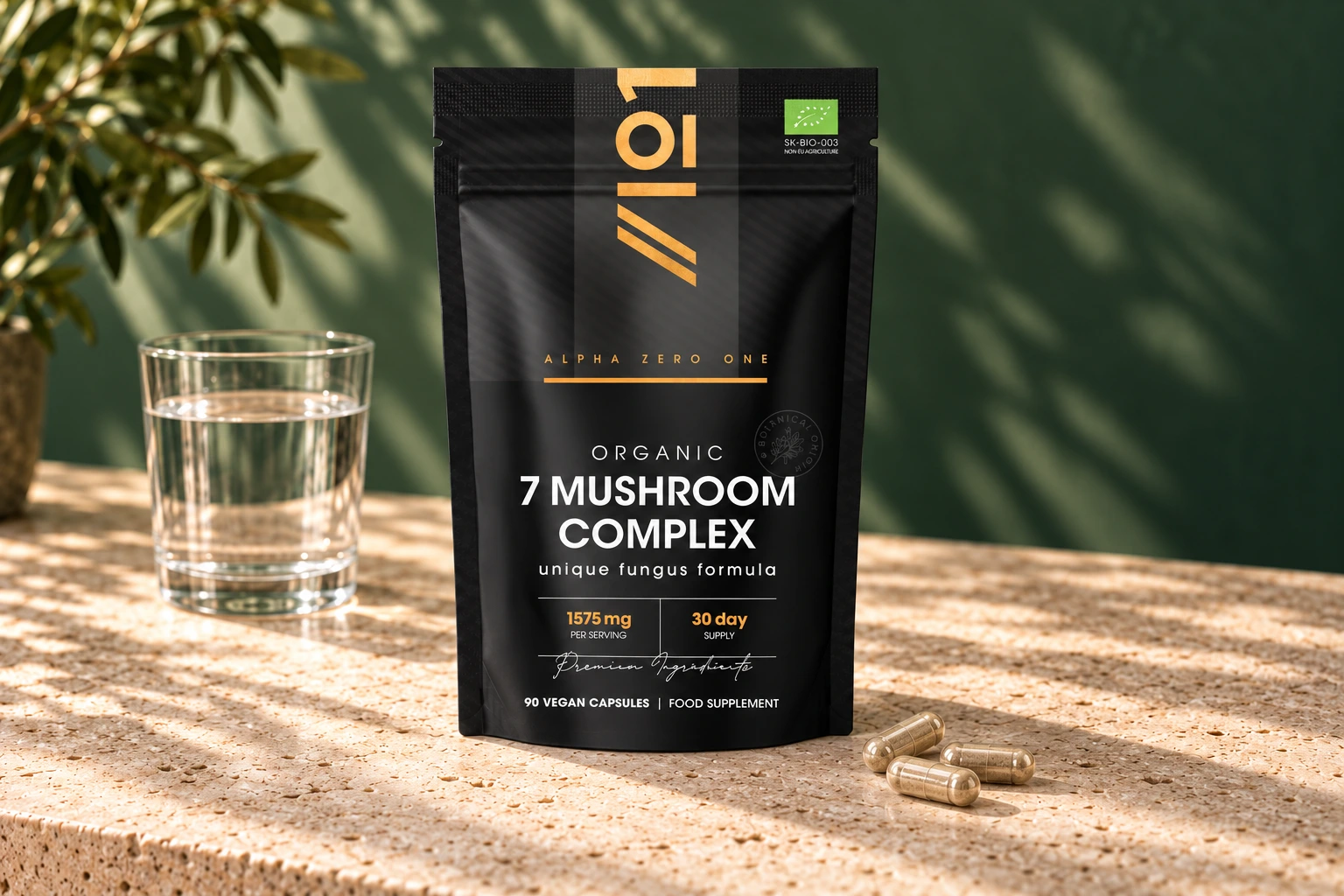 Alpha01 Organic Seven Mushroom Complex 1575mg 90 vegan capsules pouch with three tan-filled hard capsules and water on stone