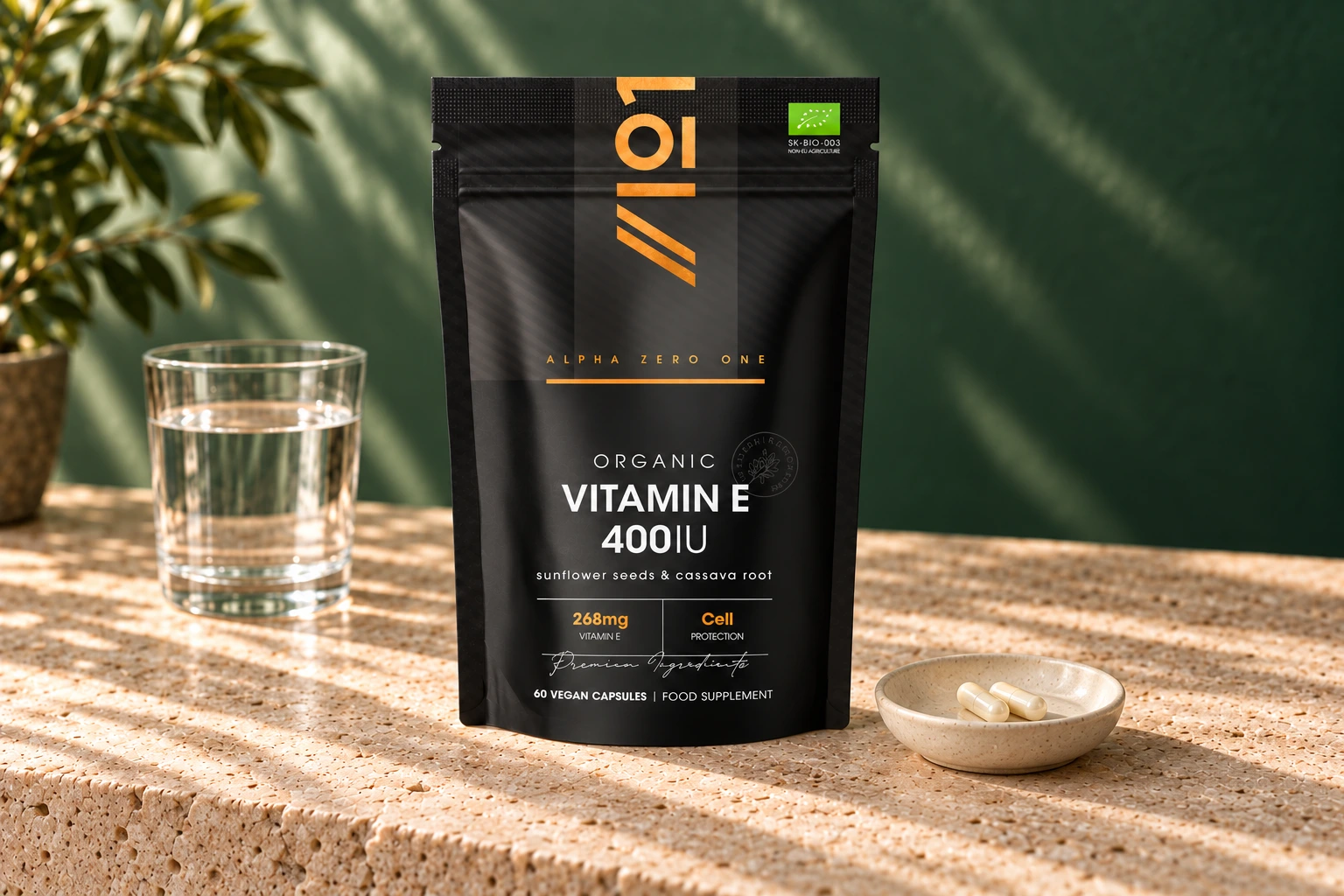 Alpha01 Organic Vitamin E 400IU 60 vegan capsules pouch with two cream-filled hard capsules and water on stone