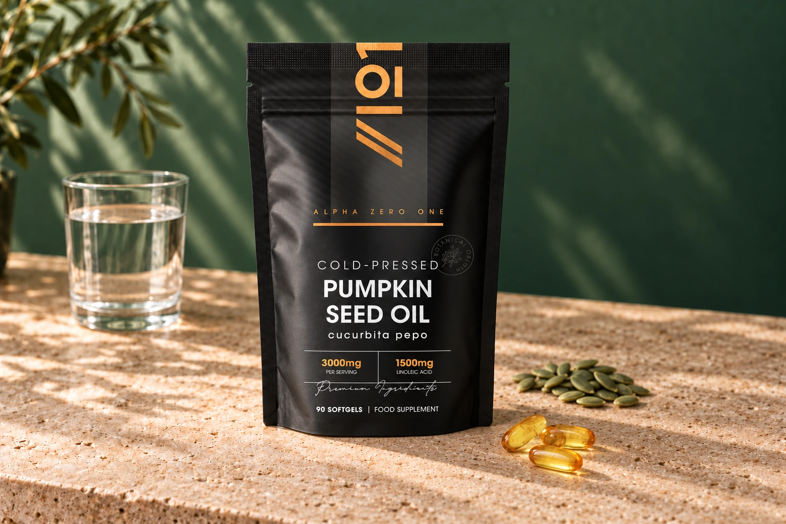 Alpha01 Pumpkin Seed Oil 3000mg 90 softgels pouch with capsules and a glass of water on sunlit stone