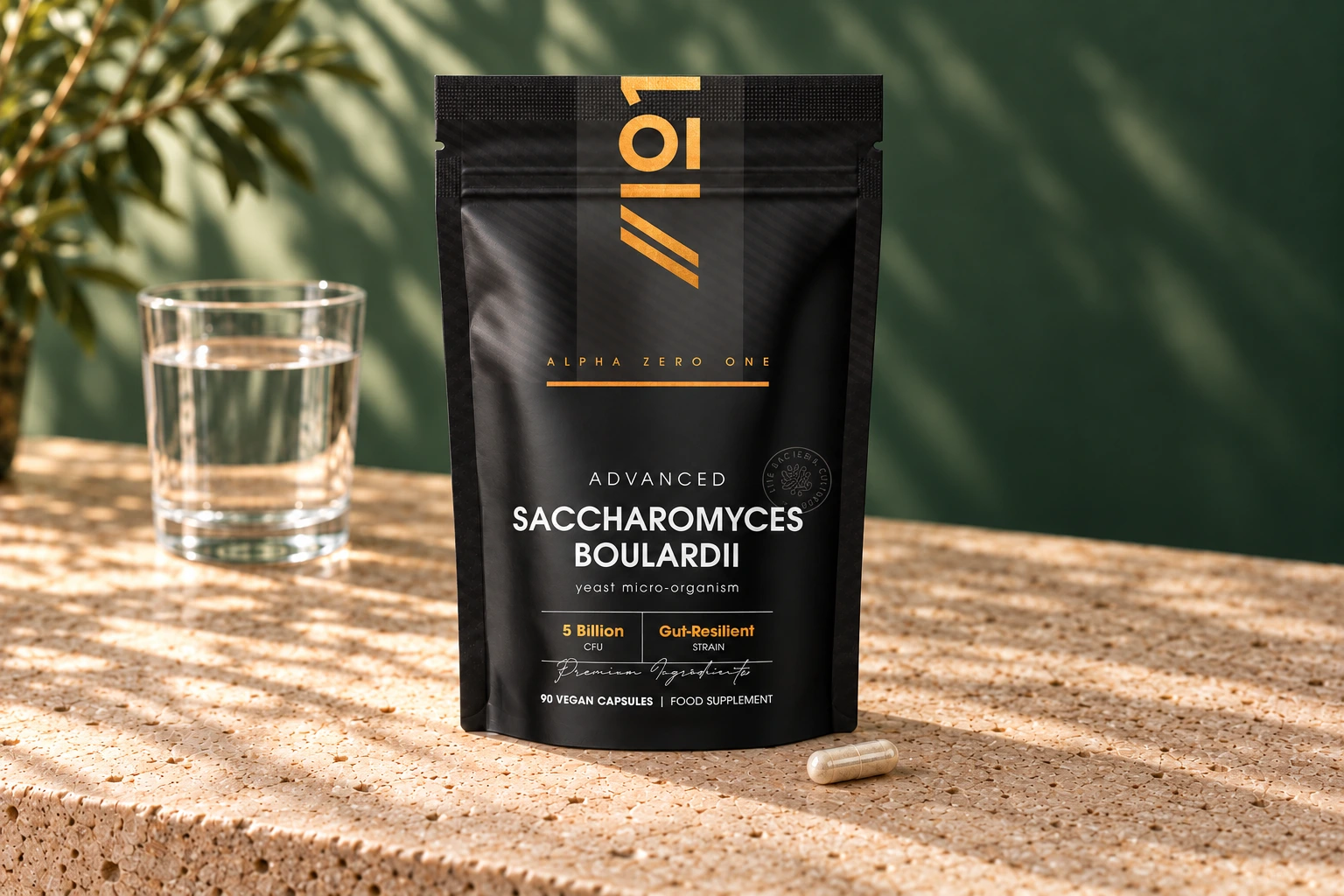 Alpha01 Saccharomyces Boulardii 90 vegan capsules pouch with one capsule and a glass of water on sunlit stone
