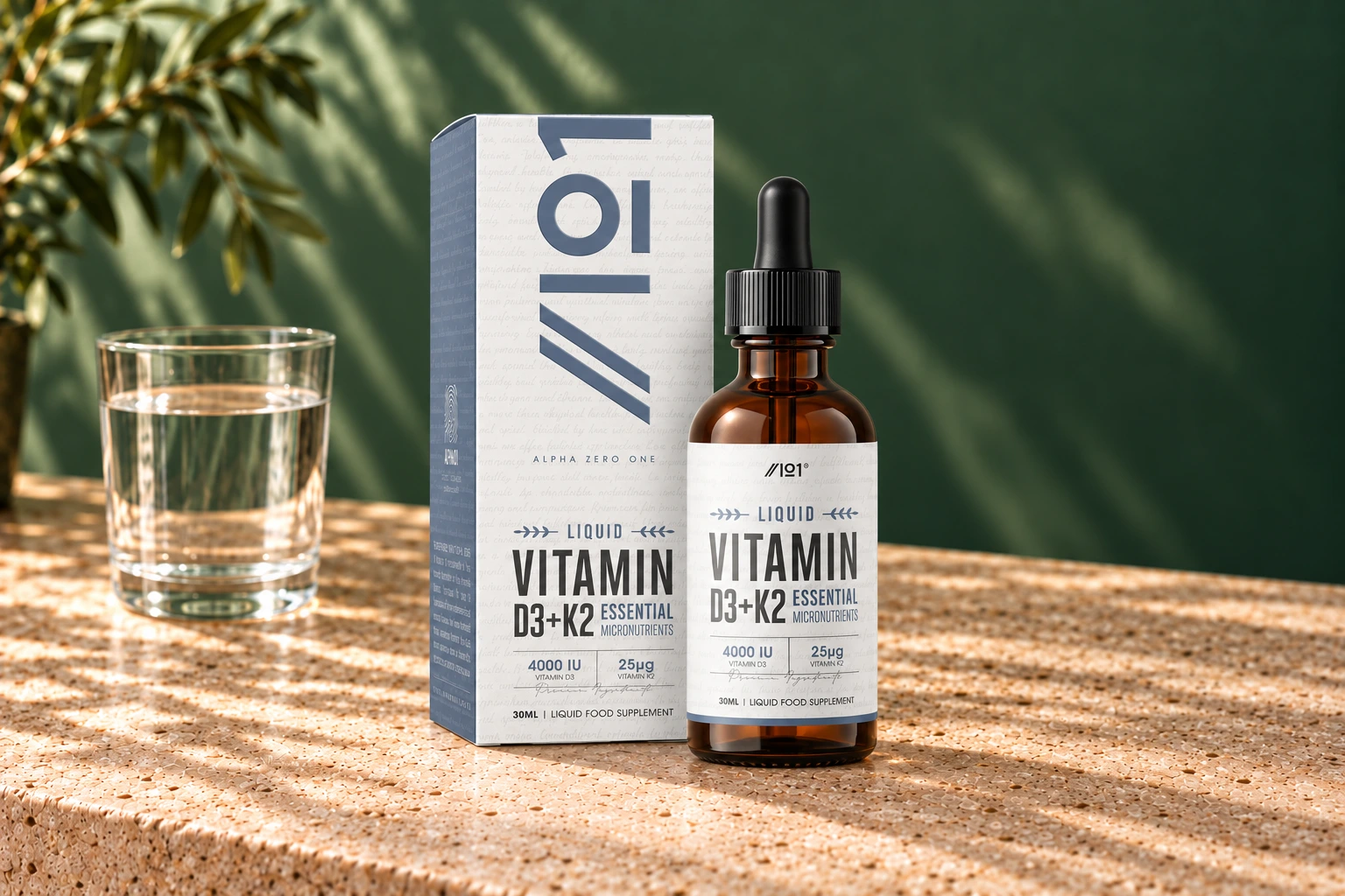 Alpha01 Vitamin D3 + K2 4000 IU: upright amber dropper bottle and white carton, both labelled 30ml, beside a glass of water on warm stone