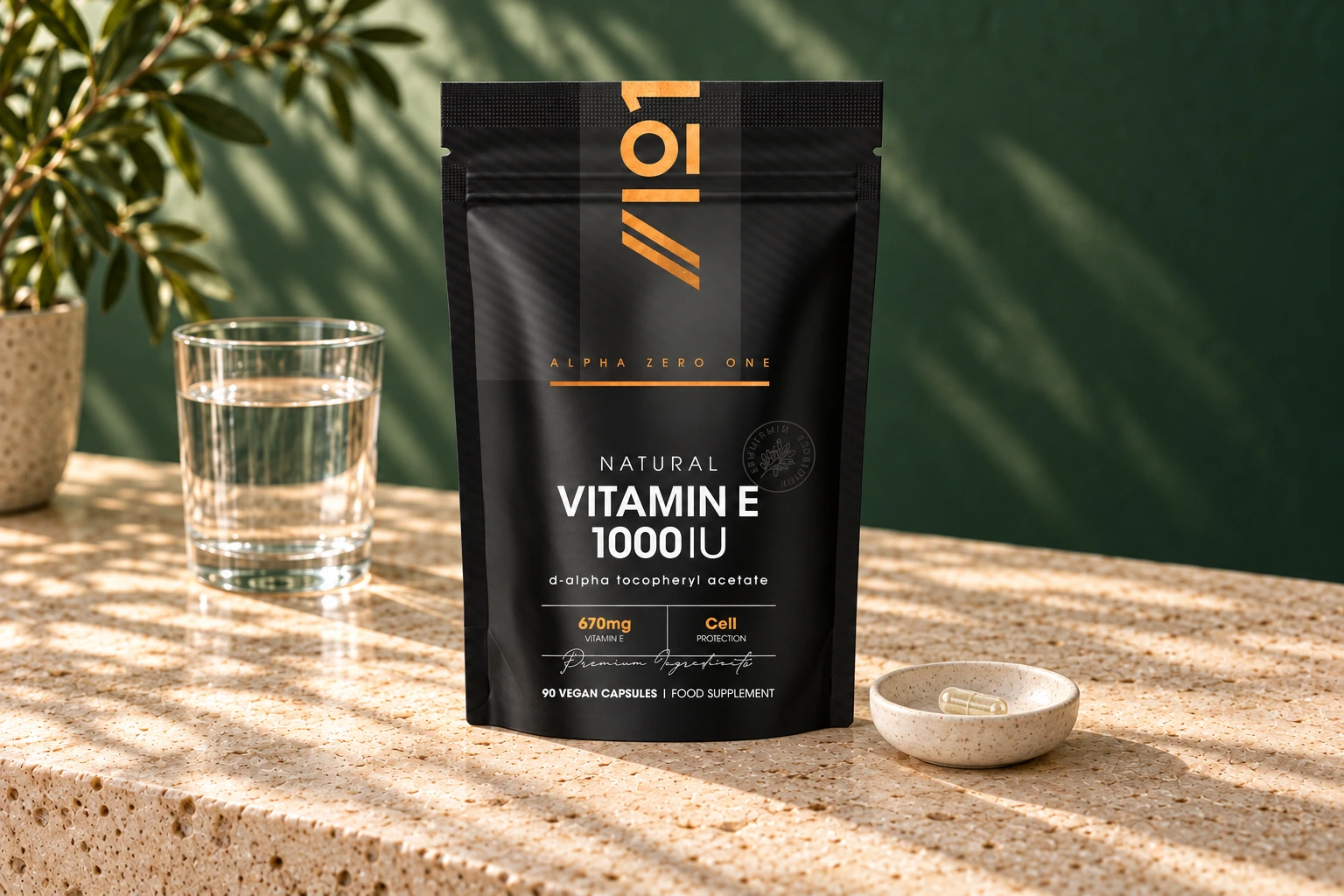 Alpha01 Natural Vitamin E 1000IU 90 vegan capsules pouch with one cream-filled hard capsule and water on stone