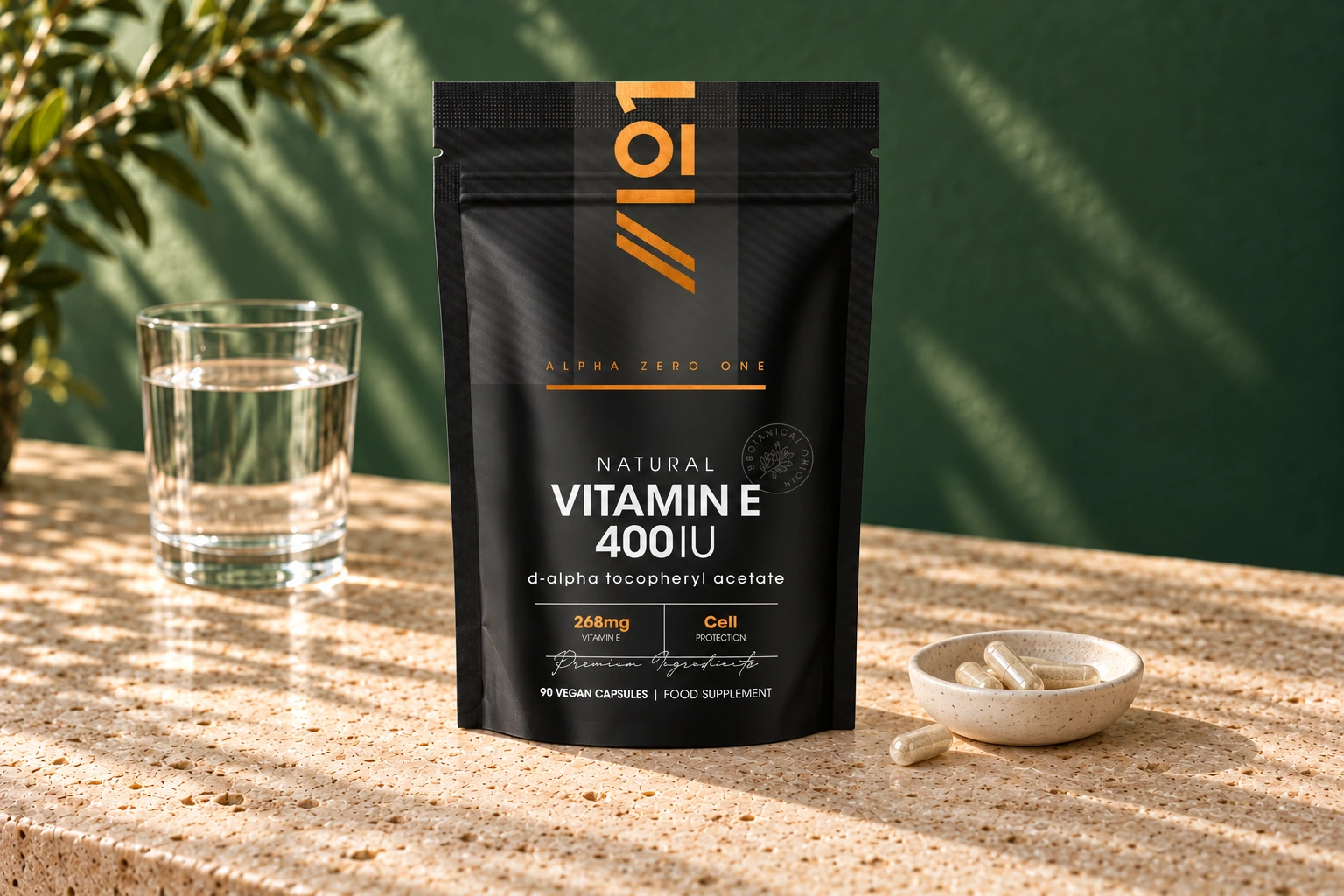 Alpha01 Natural Vitamin E 400IU 90 vegan capsules pouch with cream-filled hard capsules and water on stone