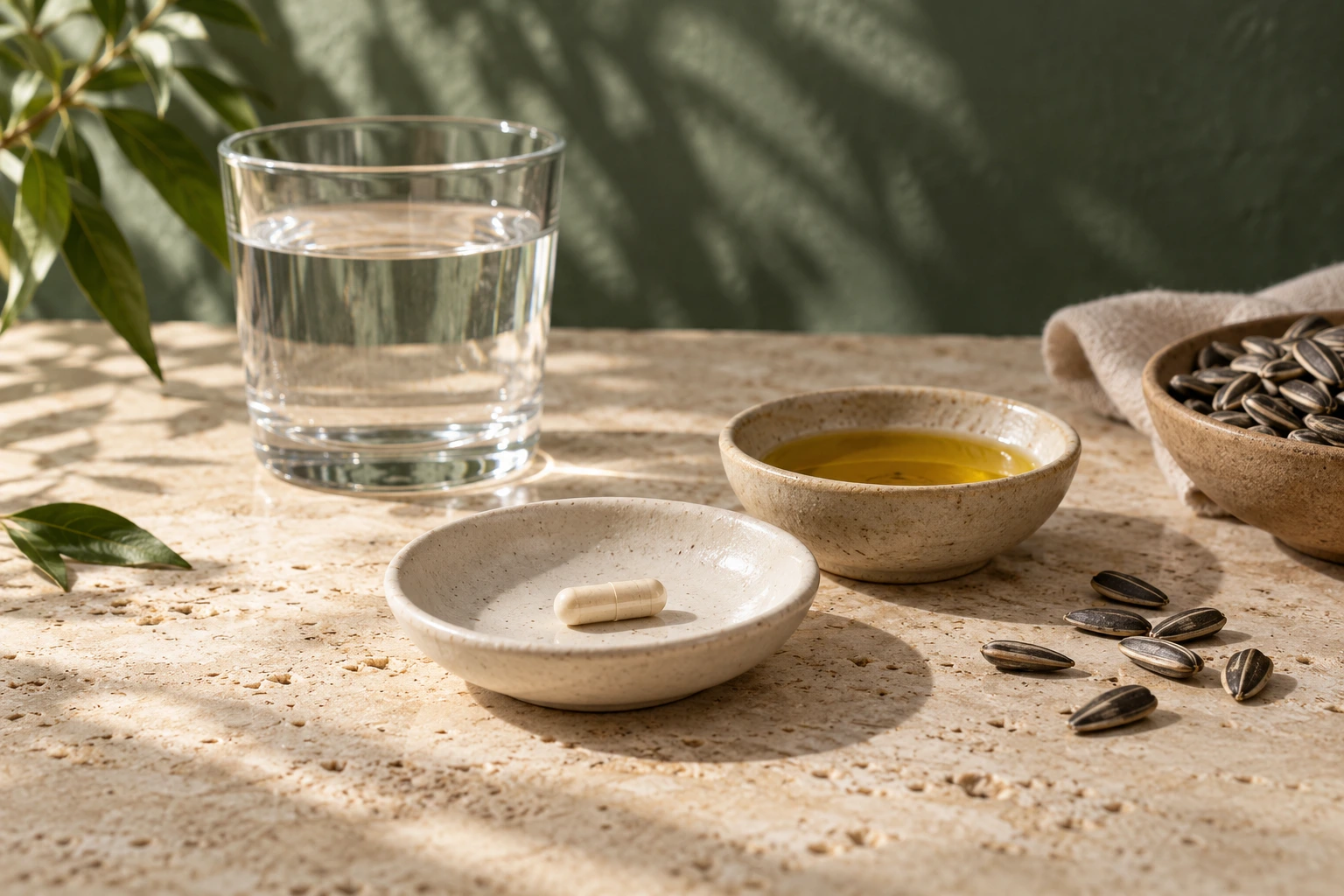 A cream-filled hard capsule in an ivory dish beside sunflower seeds, golden oil and water on natural stone